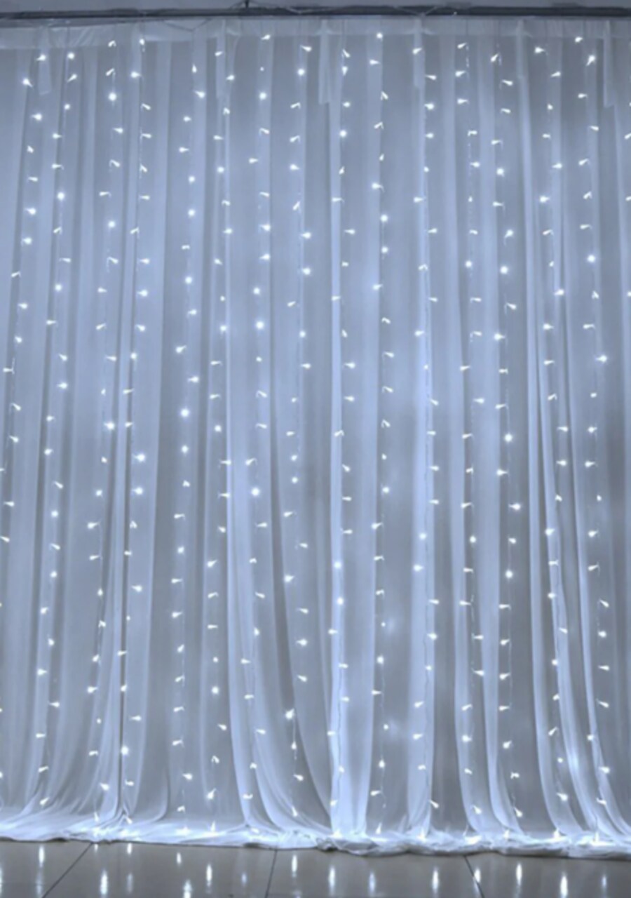 300 LED Twinkling Curtain Lights — 12 Strands, 8 Modes, Plug-In